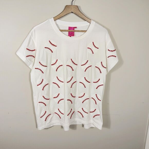 Queen of Sparkles Home Run Baseball Sequin Tee White Top Women’s Size L - Picture 2 of 9